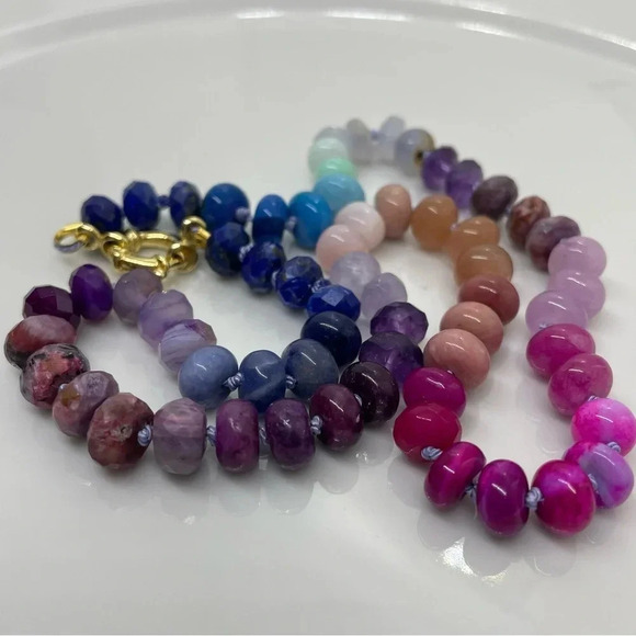 Rainbow hand knotted beaded gemstone necklace 18” blue pink purple 925 silver - Picture 2 of 7